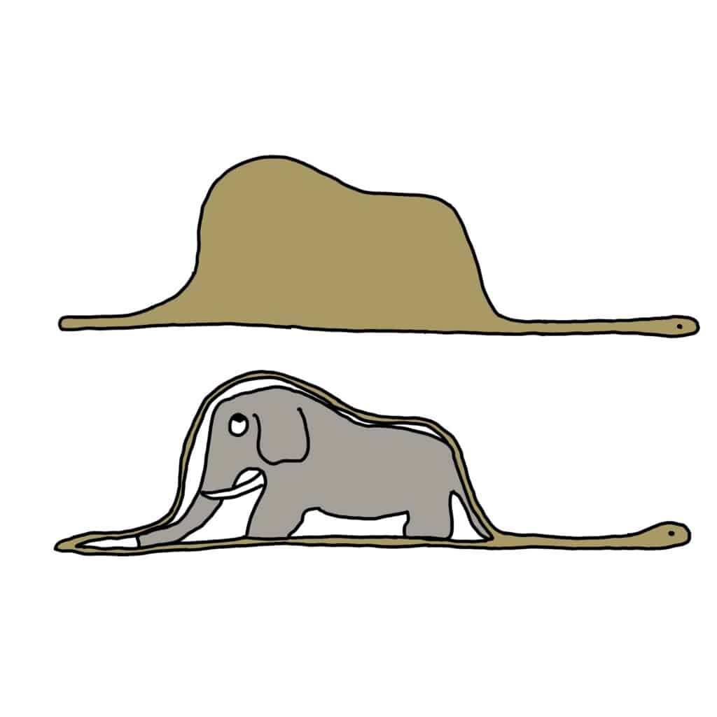 Nakreslený had so zožratým slonom z malého princa